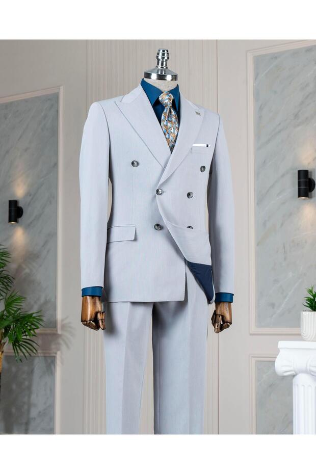 Italian Style Double-Breasted Jacket Pants Suit Gray T14081