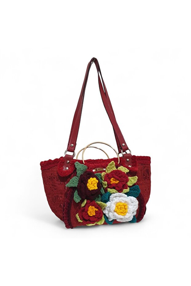 Crochet Knitted Flower Detailed Shoulder Bag, Handmade Custom Design Bag