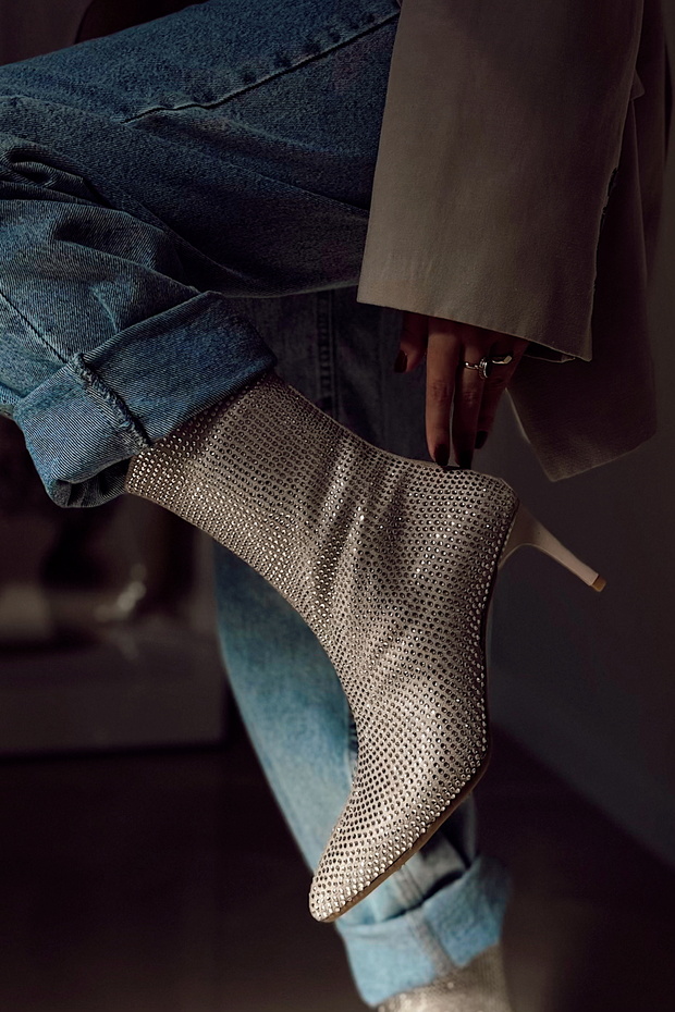 Party Sparkling Stone Detailed Suede Ankle Mid-Heel Zippered Pointed Toe Women's Boots Bootie