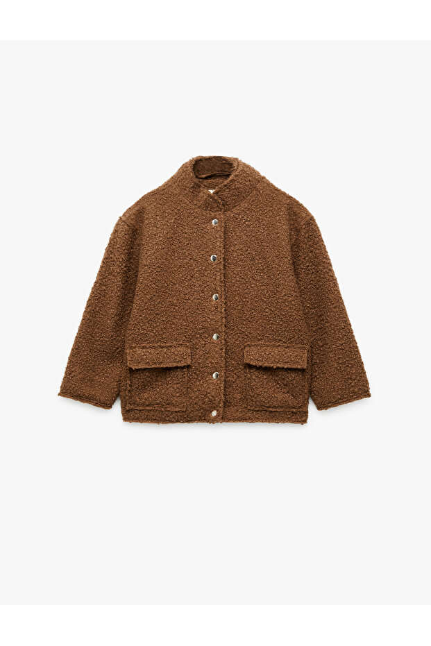 Stand Collar Long Sleeve Wrap-Around Jacket with Flap Pockets