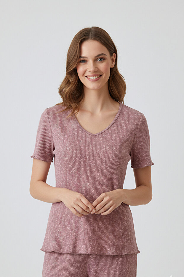 Kadın Bambu Pamuk Pijama Takımı Gül Kurusu Fitilli Regular Fit Alt & Üst İnce Kısa Kol Lastkli Esnek - 4