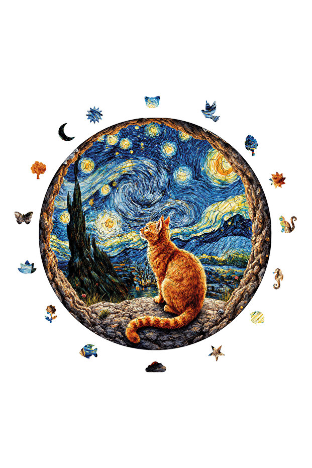 WePuzzleUp Ahşap Puzzle - Yıldızlı Gecenin Altındaki Kedi - 252 Parça, 29x29 cm