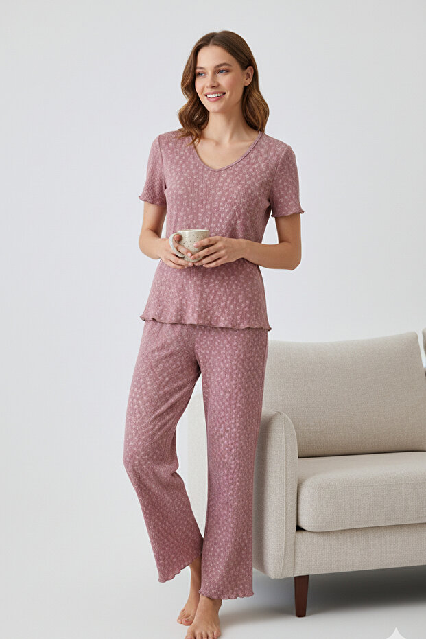 Kadın Bambu Pamuk Pijama Takımı Gül Kurusu Fitilli Regular Fit Alt & Üst İnce Kısa Kol Lastkli Esnek - 5