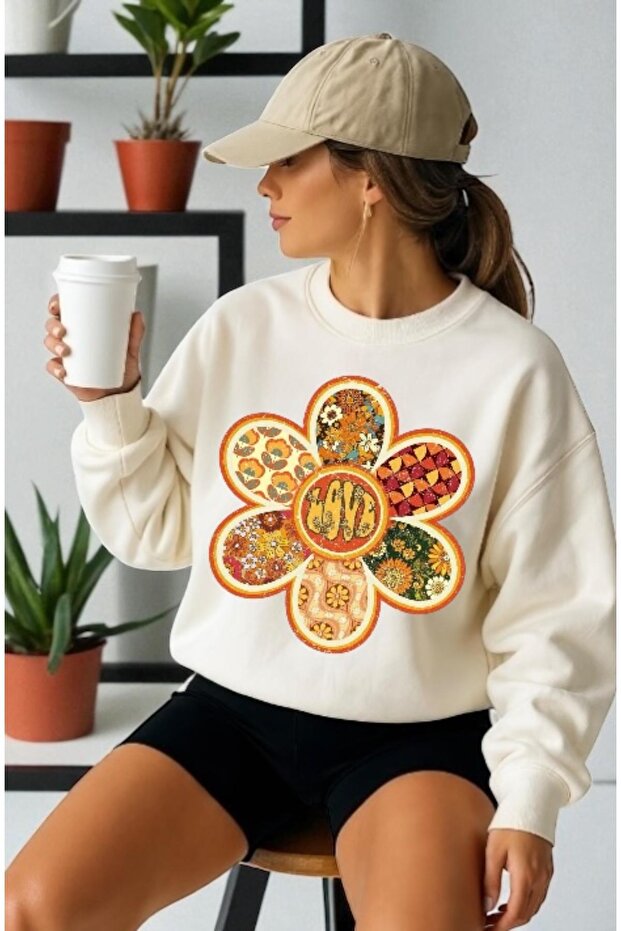 Unisex Long Sleeve Love Brown Floral Transfer Printed Crew Neck Sweatshirt