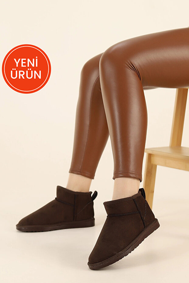 Kadın Acı Kahve Süet Muadil Bot Ultra Mini Süet Bot İçi Kürklü Kışlık Taban Kısa Topuklu Bot - 1