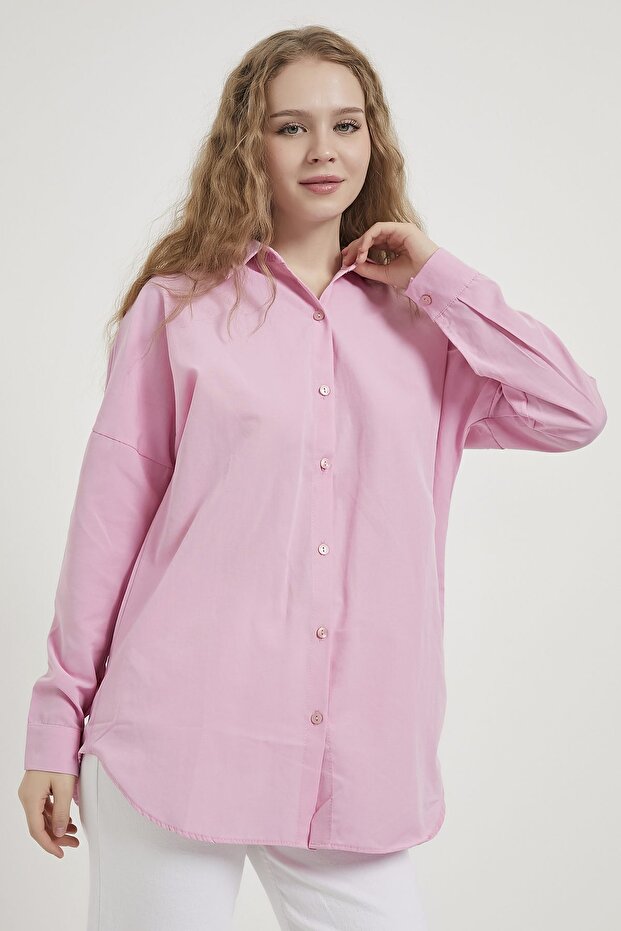 Kadın Basic Uzun Kol Düğmeli Pembe Oversize Gömlek - 1