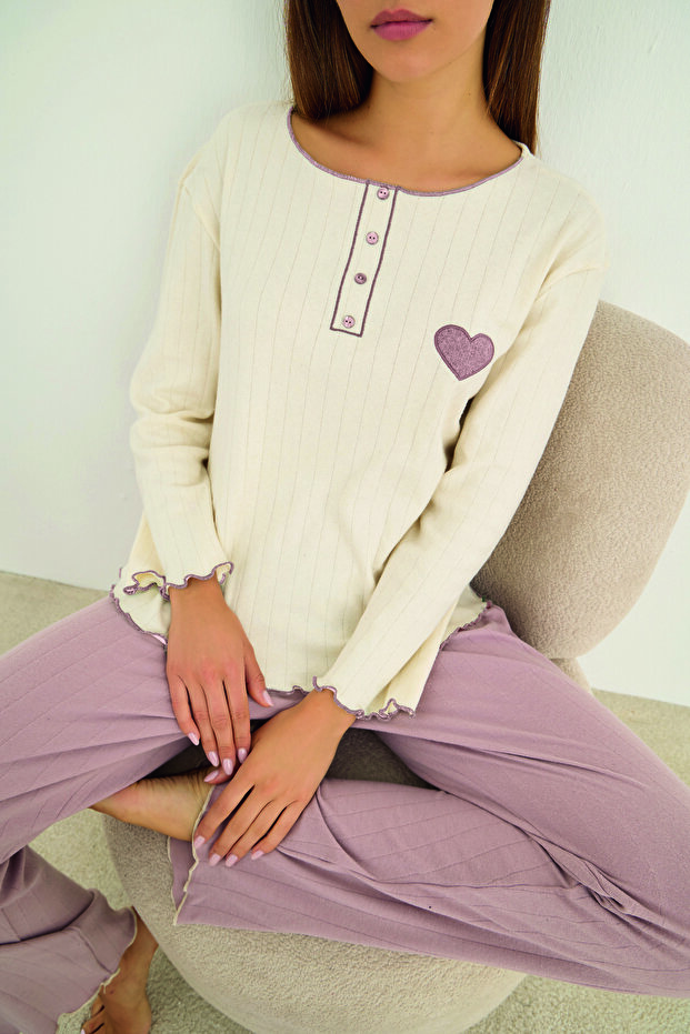 Dried Rose Heart Embroidery Knitted Interlock Pajama Set25226009