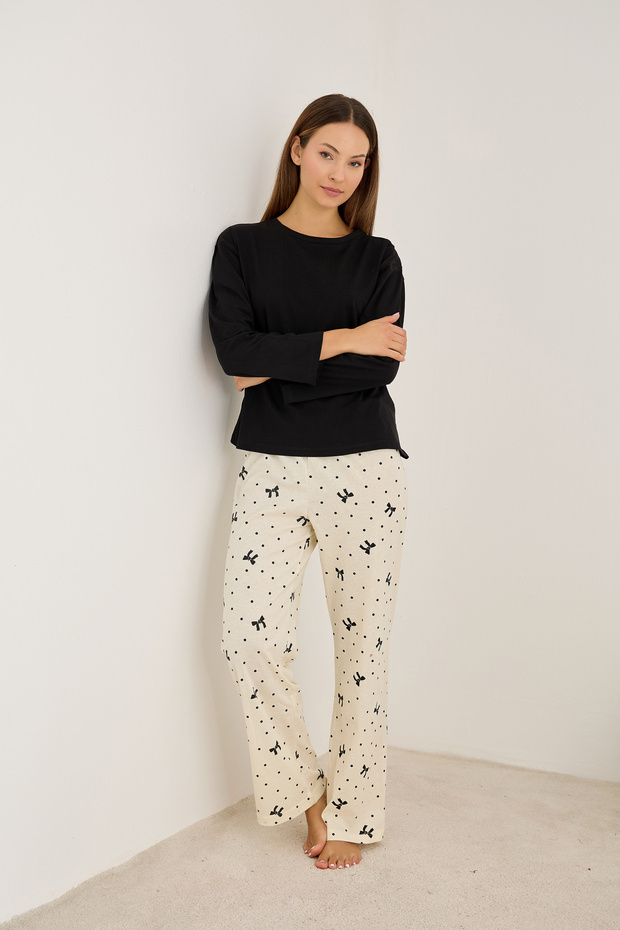 Ecru Bow Patterned Cotton Knitted Pajama Set7948 - 2