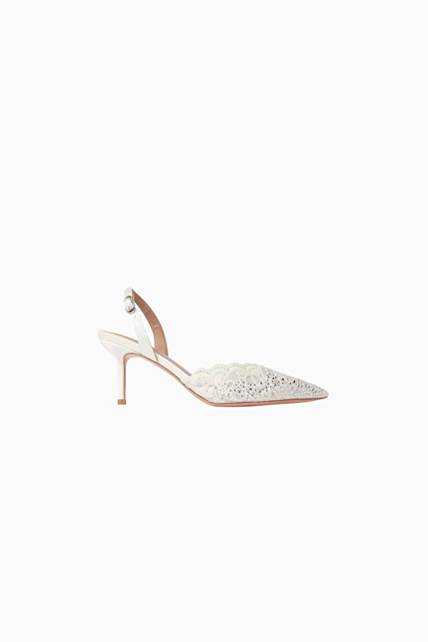 Rimini 70 Lace Slingback Heels, Crystal Stone, Pointed Toe, Luxury Handcrafted Design