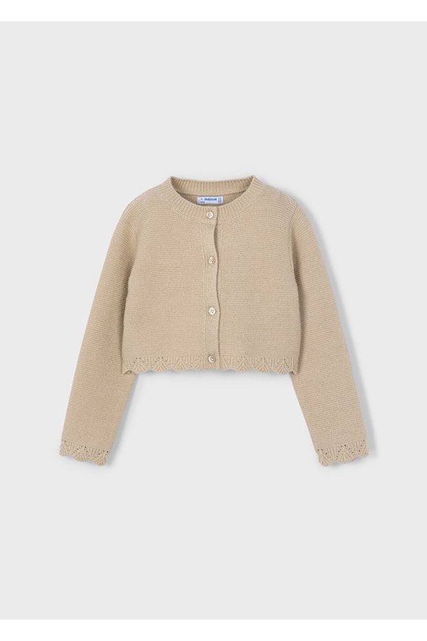 4-10 Years Old Girl's Beige Buttoned Long Sleeve Glitter Cardigan – Lace Detail
