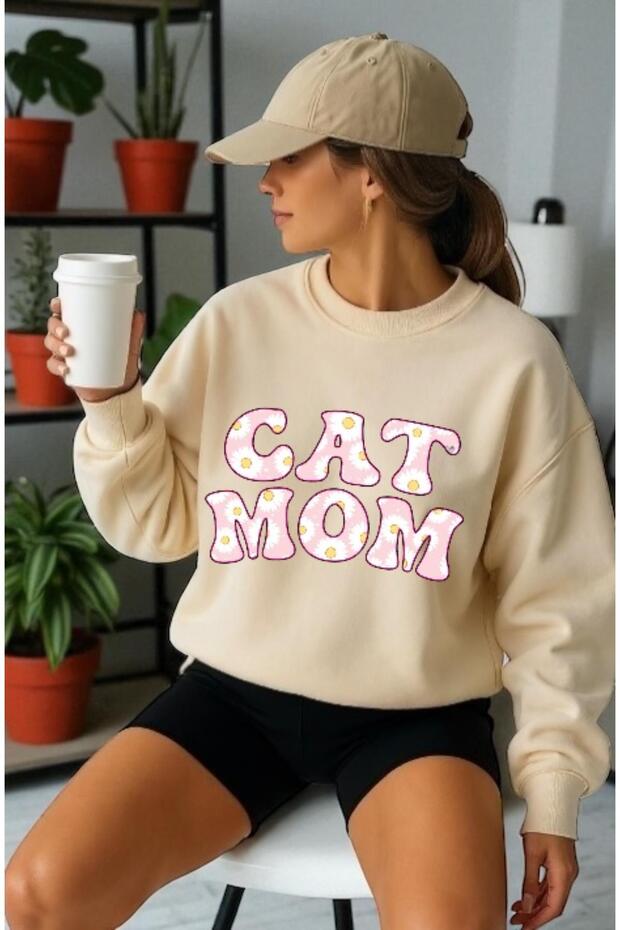 سويت شيرت للجنسين بأكمام طويلة مطبوع عليه Cat Mom Front Transfer وياقة على شكل دراجة