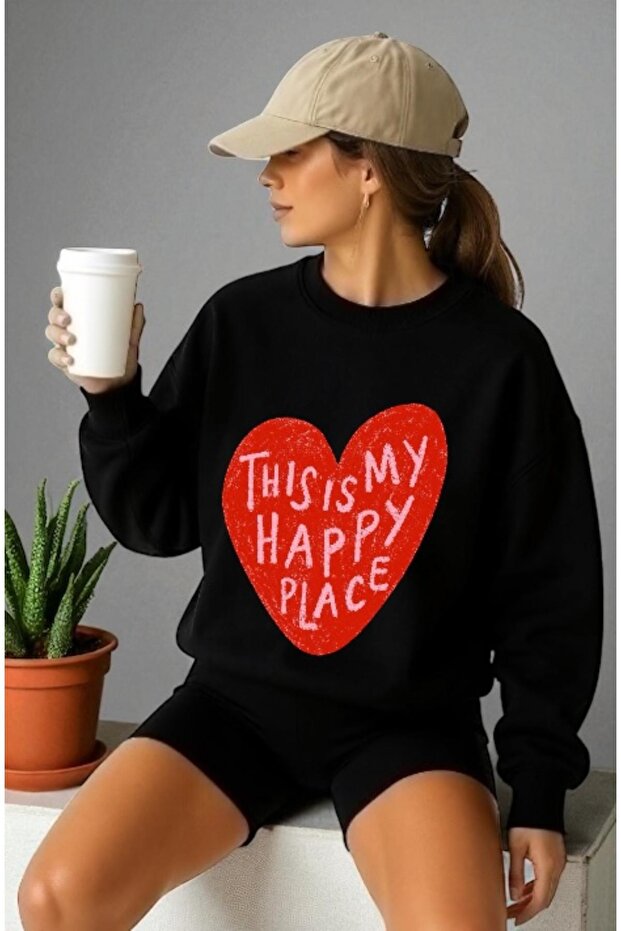 Unisex Long Sleeve Happy Place Heart Front Transfer Printed Crew Neck Sweatshirt