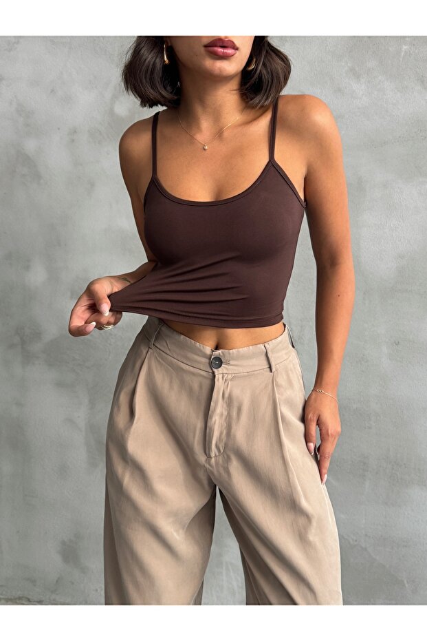 Kadın Kahve Scuba Kumaş İp Askılı Crop Top - 1