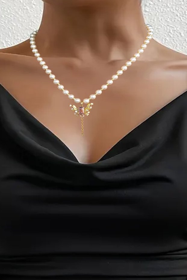 Gold Color Butterfly Pearl Steel Necklace