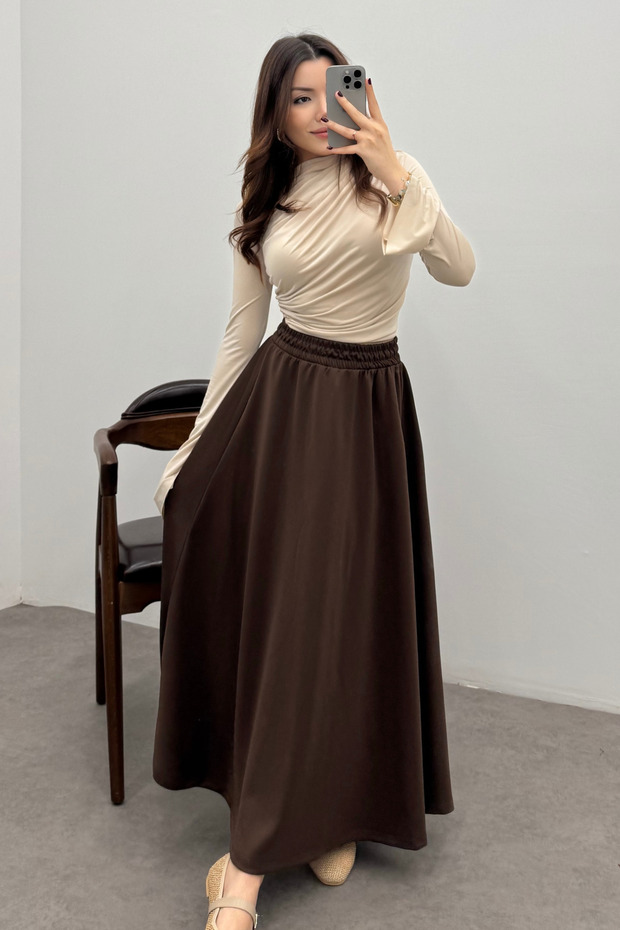 Women's Brown Elastic Waist Scuba Flared Skirt