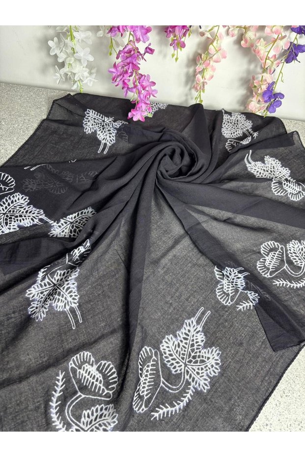 Black and White Floral Patterned Writing 100X100 – Dowry and Daily Use Muslin Headscarf