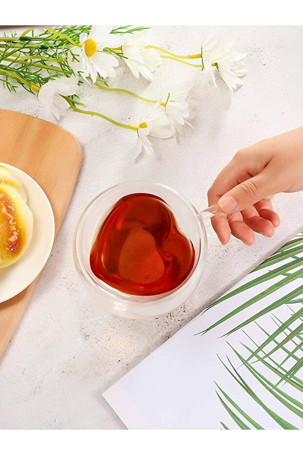 Heart Shaped Double Wall Glass Coffee Mug With Handle, 250ml