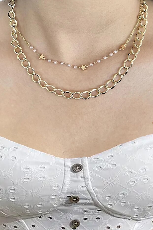 Gold Color Starry Pearl Double Metal Necklace
