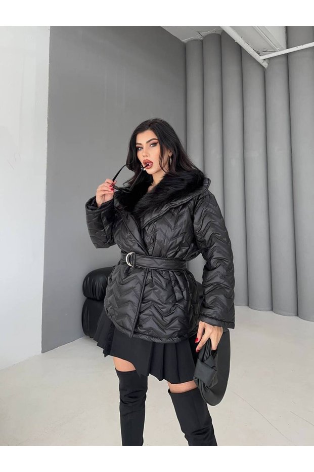 Women's Black Inflatable Coat with Belt and Fur Inside