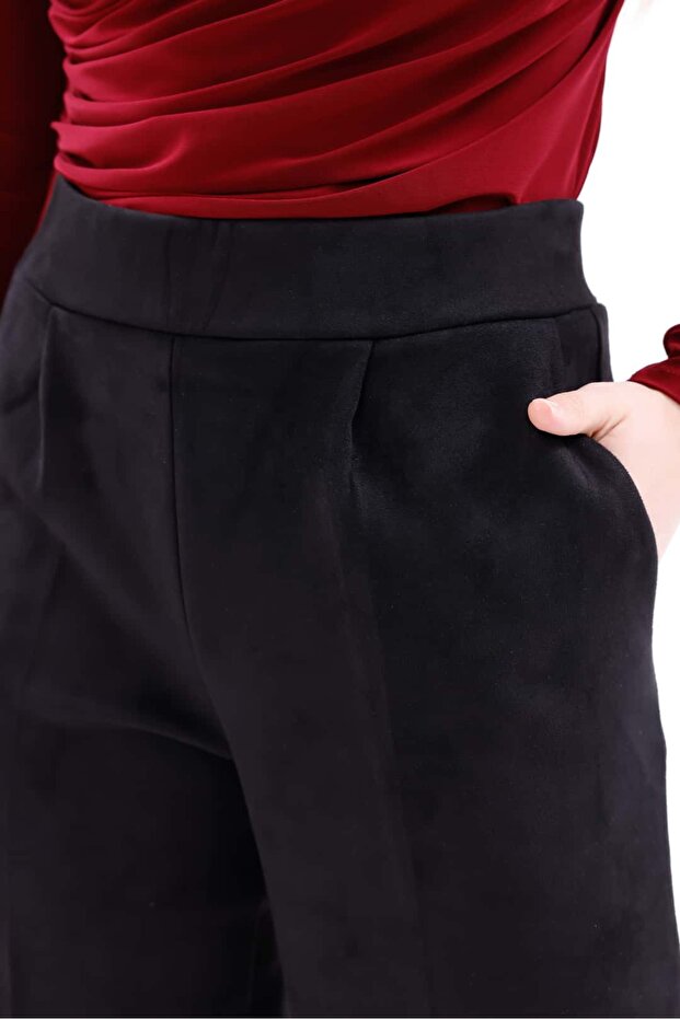 Yüksek Bel Geniş Paça Süet Pantolon - 5