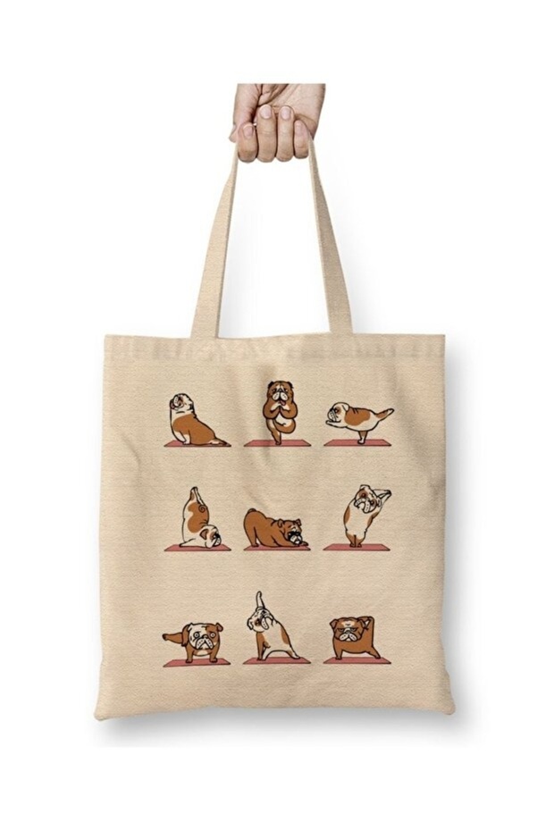 Bulldog Yoga Pug Dog Tote Bag Long Handle Shopping Bag Beach Bag