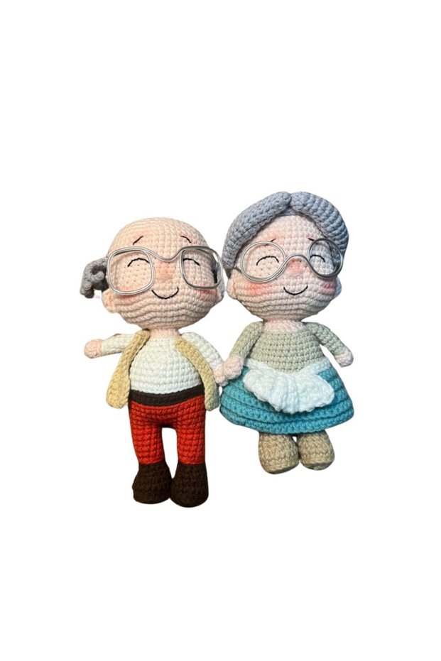 Handmade Cotton Crochet Grandpa and Grandma Doll Set – Amigurumi Grandparents Soft Toy Gift for Kids