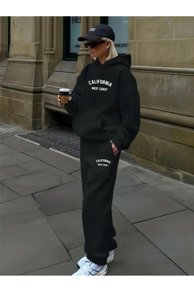 Women's California Westcoast Printed Black Hooded Sweatshirt-Black Sweatpants Set