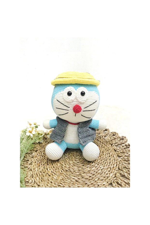 Handmade Crochet Doraemon Doll with Detachable Hat – 23cm Plush Toy