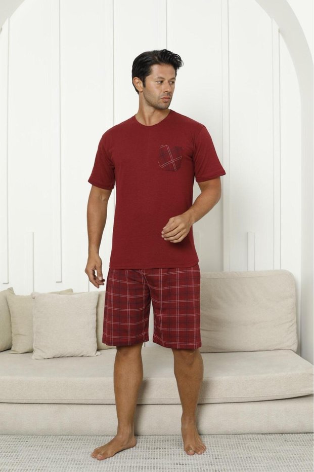 Men's 100% Organic Natural Cotton Plaid Pocket Detail Quality Short Sleeve Shorts Pajama Set