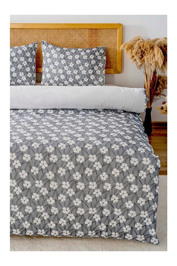 Gray Double Duvet Cover Set Cotton Floral Pattern Henna 200X215 cm