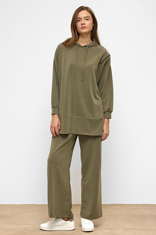 Hooded Zipper Accessory Sweat Pants Loose Modal Set Khaki 9382-Tk