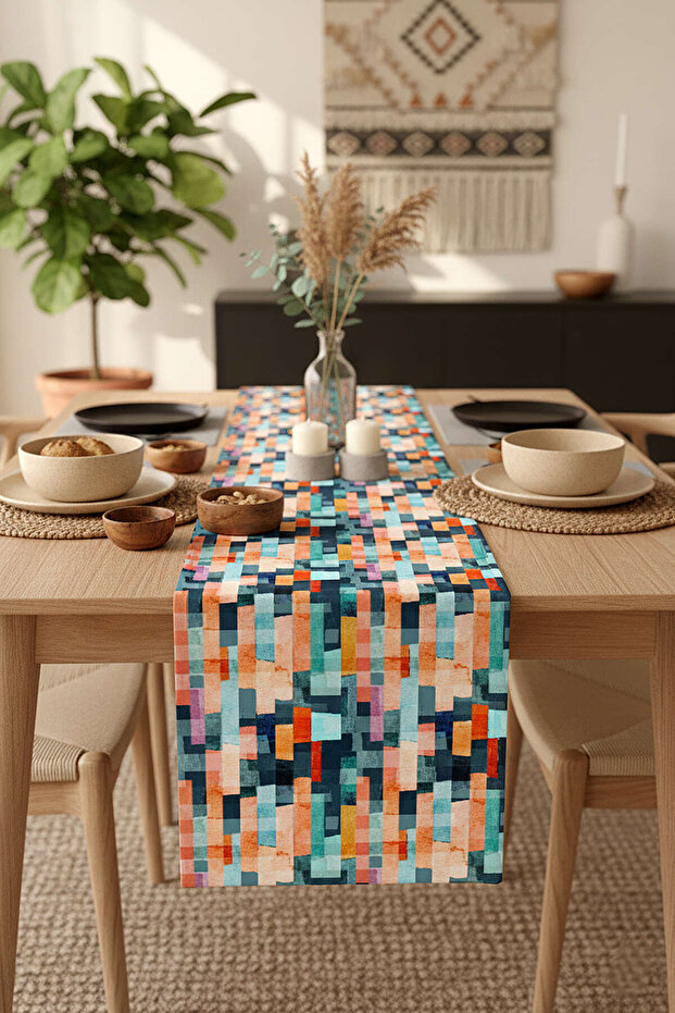 Blue Orange Abstract Decorative Patterned Digital Printed Runner Cgh158-Rn - 1