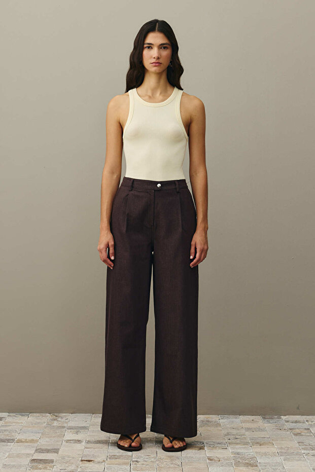 Relaxed Fit Palazzo Denim Pants Brown