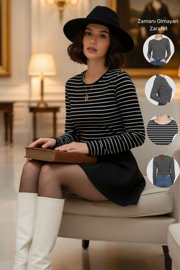 Women's Striped Long Sleeve Basic Body Fit Bodysuit Four Seasons Lycra Stretchy Fabric - Women's Bodysuit