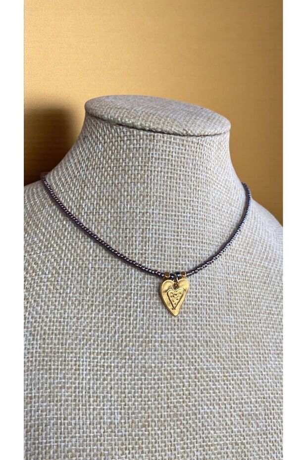 Bensei Brass with Gold Heart Accessories, Miyuki Beads, Necklace with Steel Lock and Steel Chain