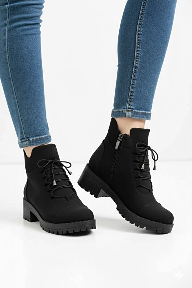 Kışlık Sağlam Kauçuk Kaymaz Taban Kadın Fermuarlı Zümrüt Siyah Bot - 1