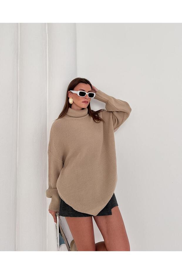 Boğazlı Oversize Triko Kazak - 4
