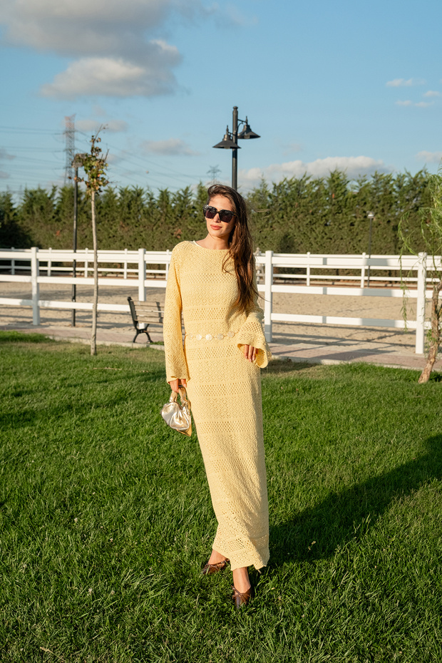 Women's Openwork Self-Patterned Dress Yellow