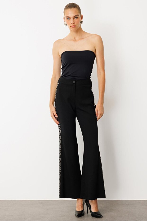 Modailgi Taş Şeritli Bol Paça Pantolon - 70065 Siyah - 1