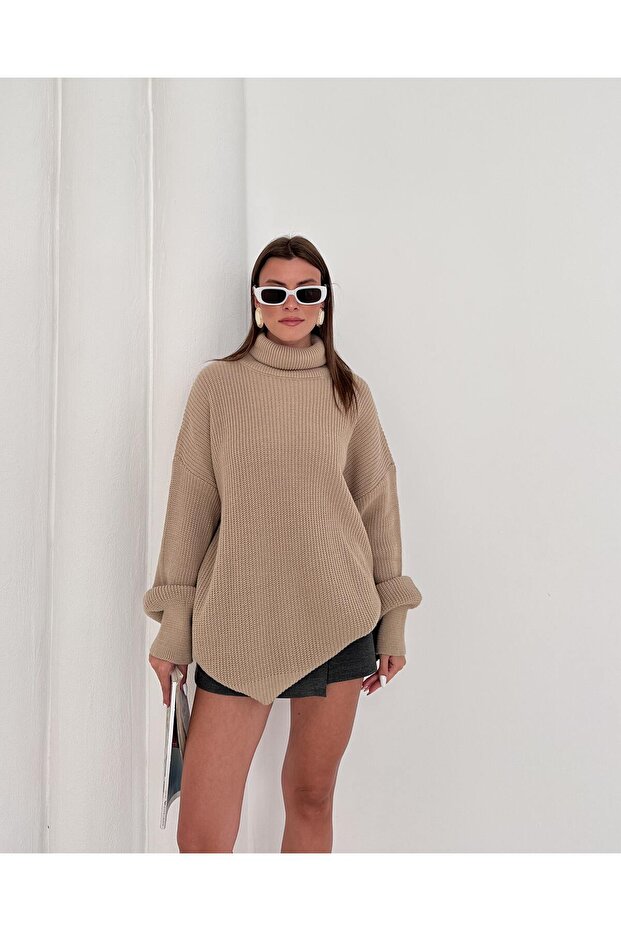 Boğazlı Oversize Triko Kazak - 1