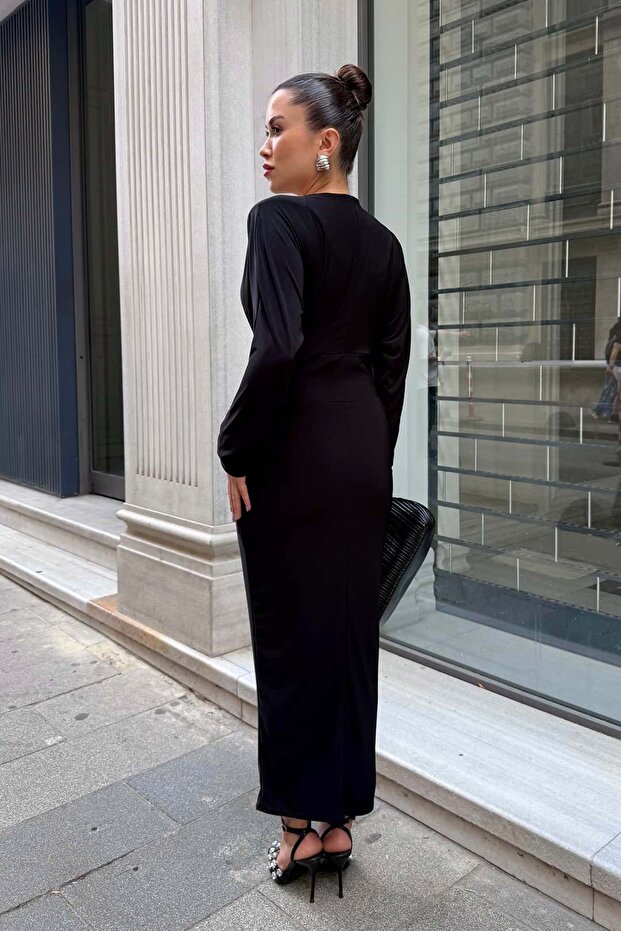 V Yaka Drapeli Elbise - 4