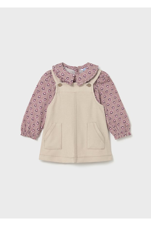 Baby Girl 2-Piece Set (1-4 Years) – Floral Patterned Pink Dress and Beige Buttoned Salopet
