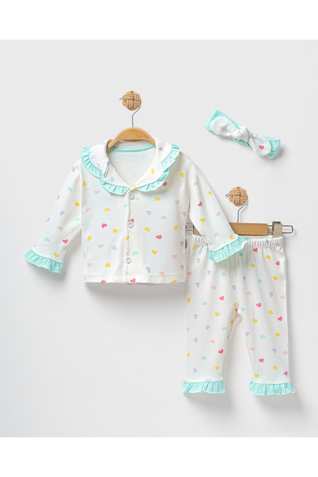Heart Patterned Ruffled 3-Piece Baby Girl Pajama Set (6-24 Months)