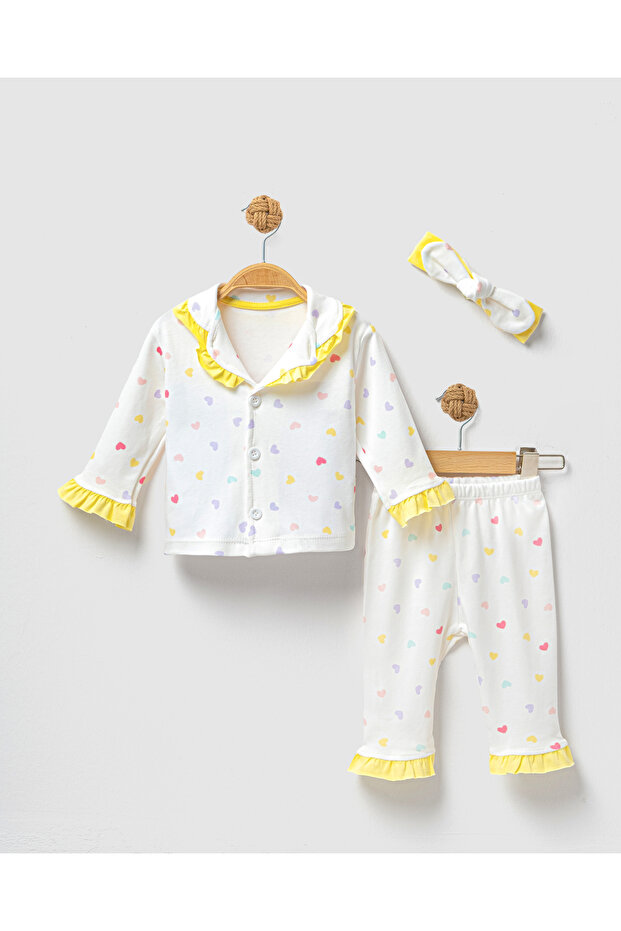 Heart Patterned Ruffled 3-Piece Baby Girl Pajama Set (6-24 Months)