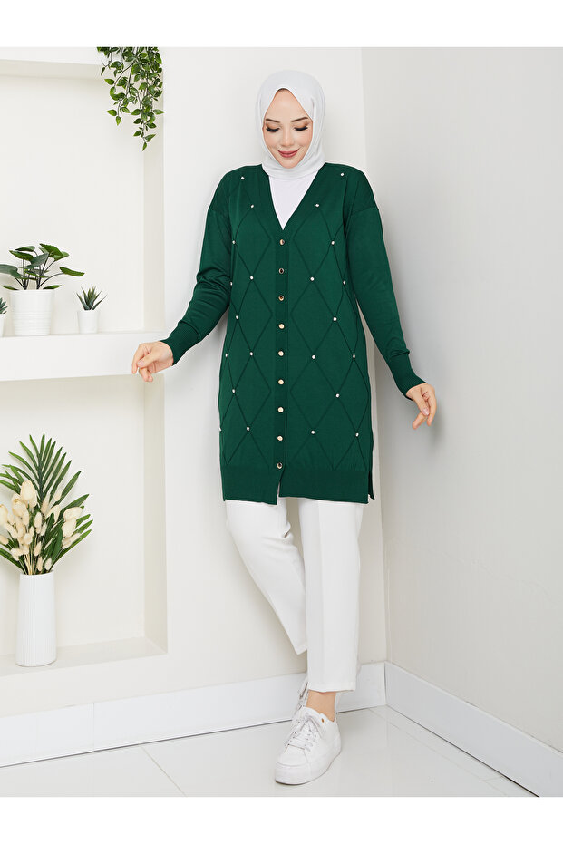 Women's Baklava Patterned Stone Bead Detailled Sleeve End Ribbed Tricot Tunic