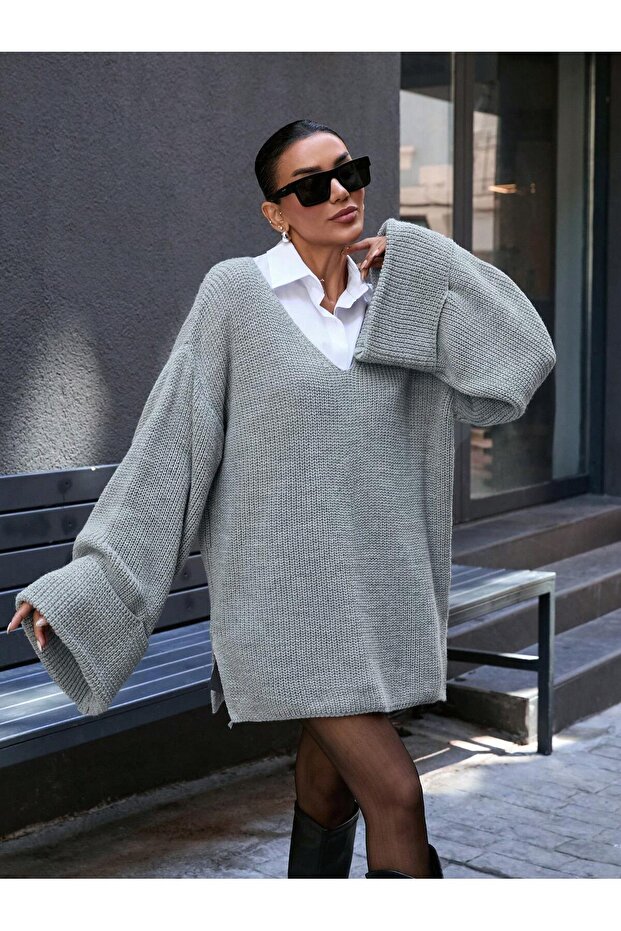 PULOVER OVERSIZE CU MANE PLIATE - 5