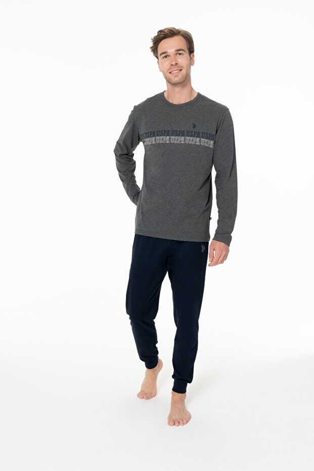 18953 Men's Anthracite Melange Round Neck Long Sleeve Pajama Set