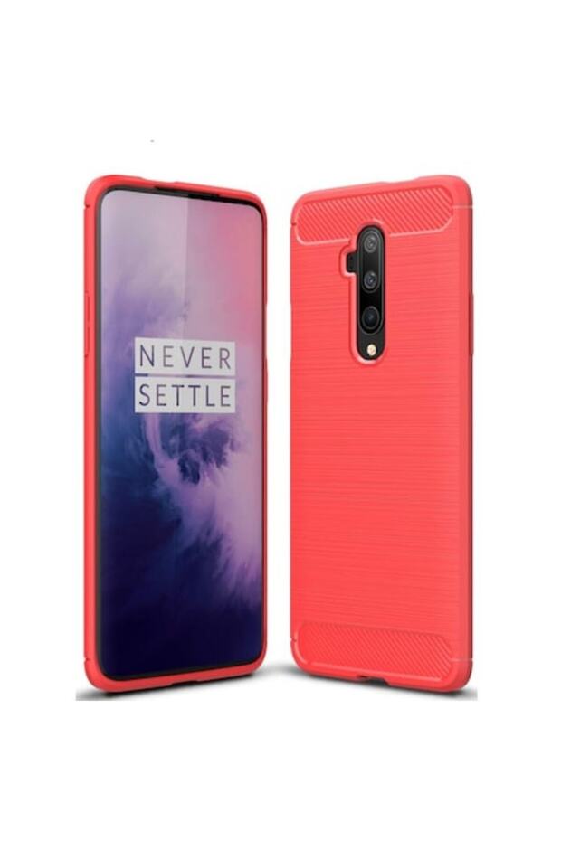 Case compatible with OnePlus 7T Pro, silicone material with carbon inserts, Red - 1