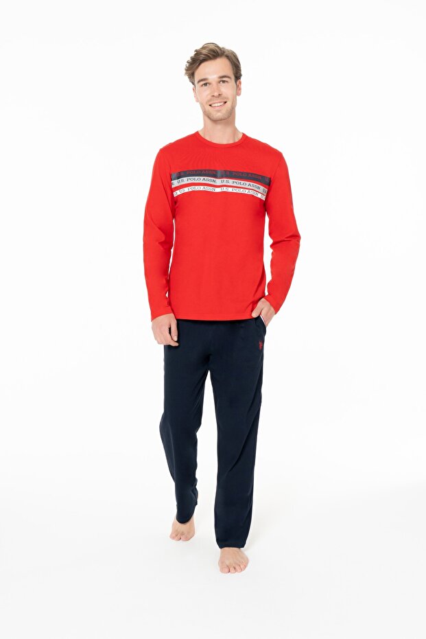 18947 Men's Red Round Neck Long Sleeve Pajama Set