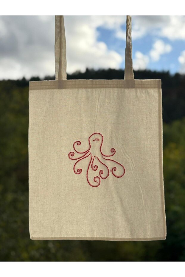 Octopus Hand Embroidered Raw Linen Bag